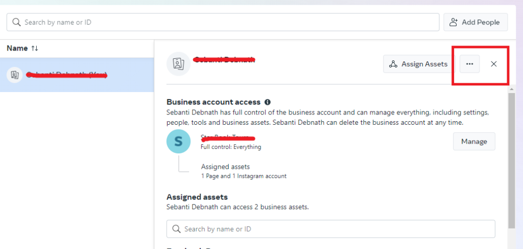 three dots menu icon in the top right corner of their profile to remove the admin from Meta Business Suite 